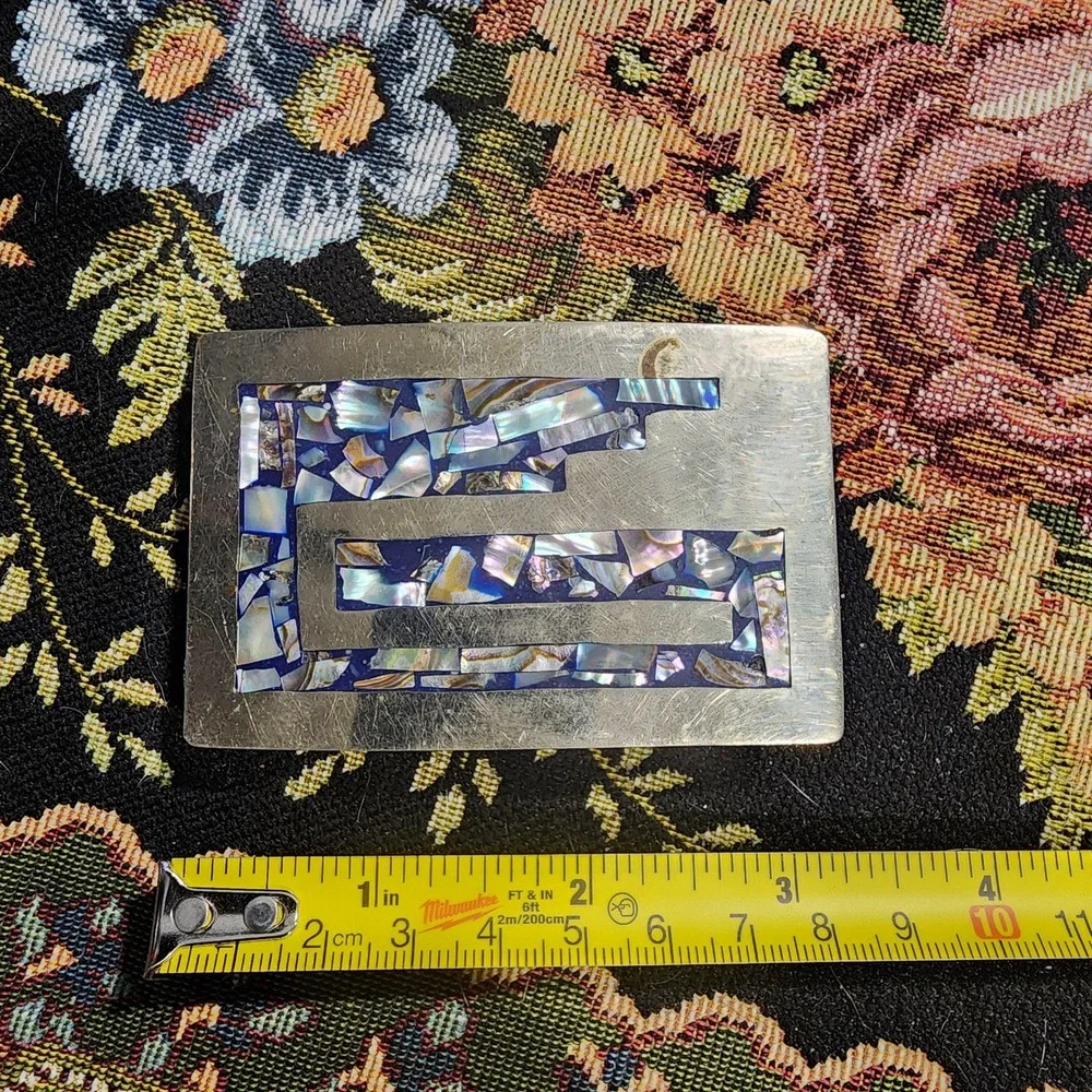 Vintage Mexico Alpaca Silver Abalone Inlay Mosaic Belt Buckle Handmade